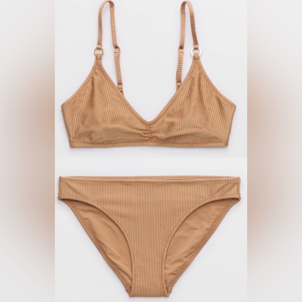NWT Aerie FULL SET Beach Babe Shine Rib Voop Top + Full Coverage Bottom Tan - XS
